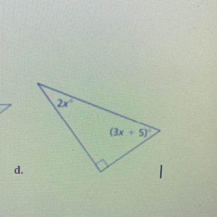 A right triangle has an angle of 2x° and (3x+5)°-example-1