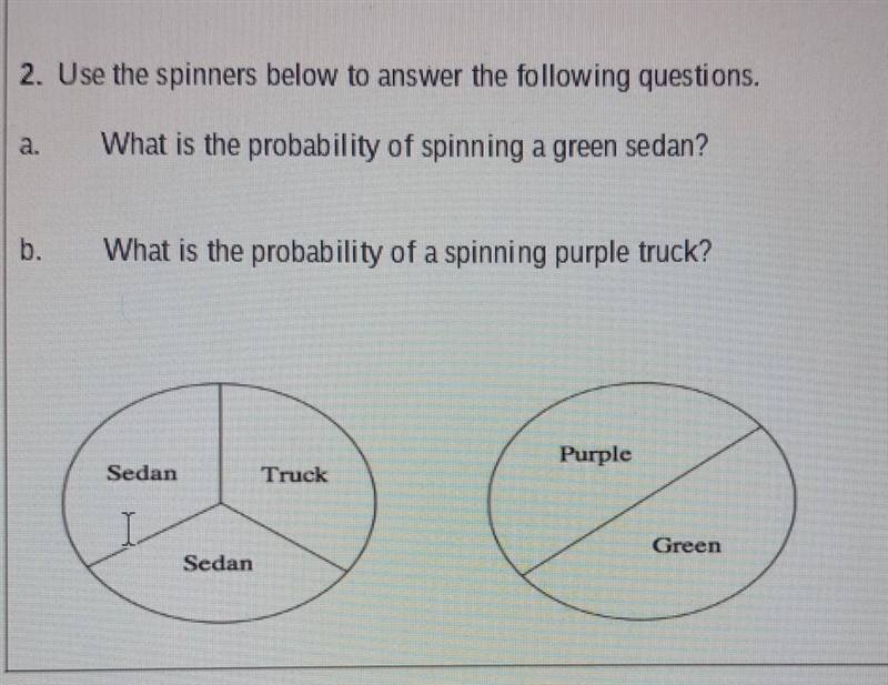 2. Use the spinners below to answer the following questions. a. What is the probability-example-1