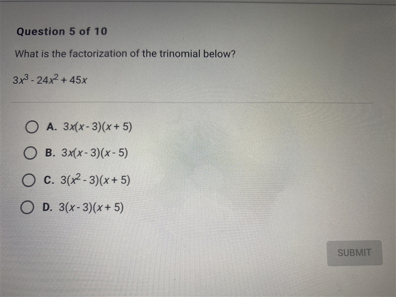 what is the factorization of the trinomial below? 3x^2 - 24x-^2 + 45xA. 3x(x-3)(x-example-1