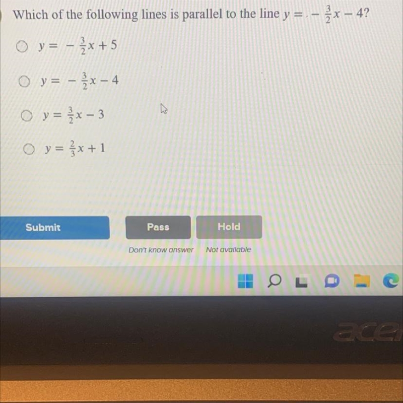 Which of the following lines is parallel to the line y= -3/2x-4?-example-1