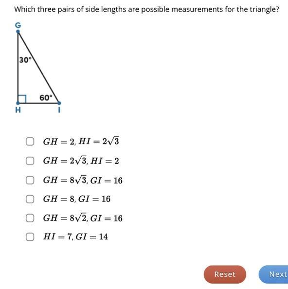 Which three pairs of side lengths are possible measurements for the triangle?-example-1