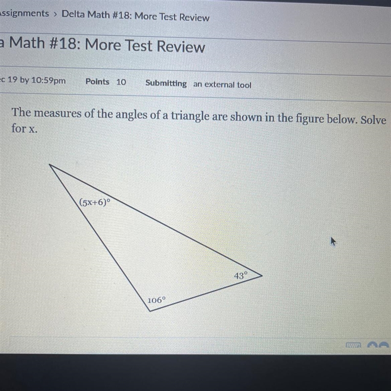 The measures of the angles of a triangle are shown in the figure below. Solve for-example-1