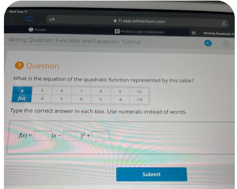 ? QuestionWhat is the equation of the quadratic function represented by this table-example-1