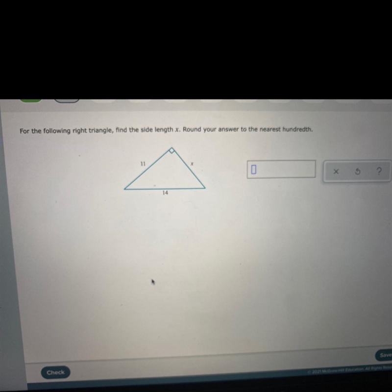 5For the following right triangle, find the side length x. Round your answer to the-example-1