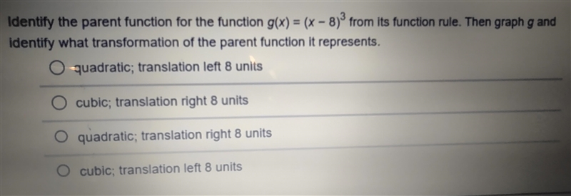 Identify the parent function of the function g (x) = (x-8) ^ 3 from its function rule-example-1