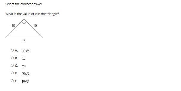 Worth 40 points! Select the correct answer. What is the value of x in the triangle-example-1