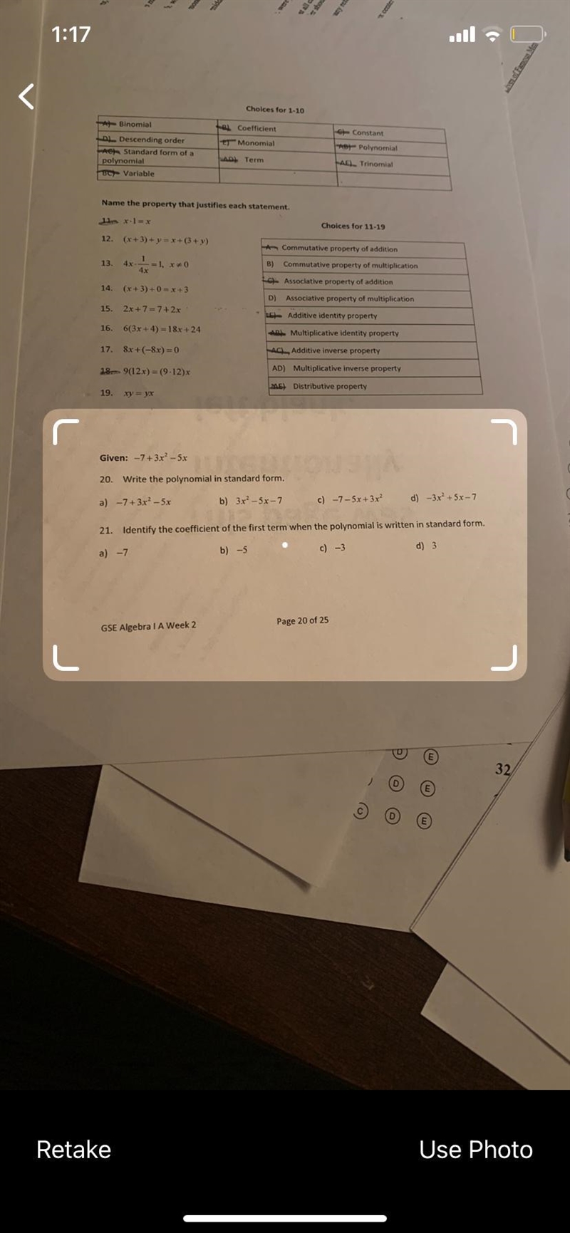 Given: -7+3x² - 5x20. Write the polynomial in standard form.a) −7+3x² - 5xb) 3x²-5x-example-1