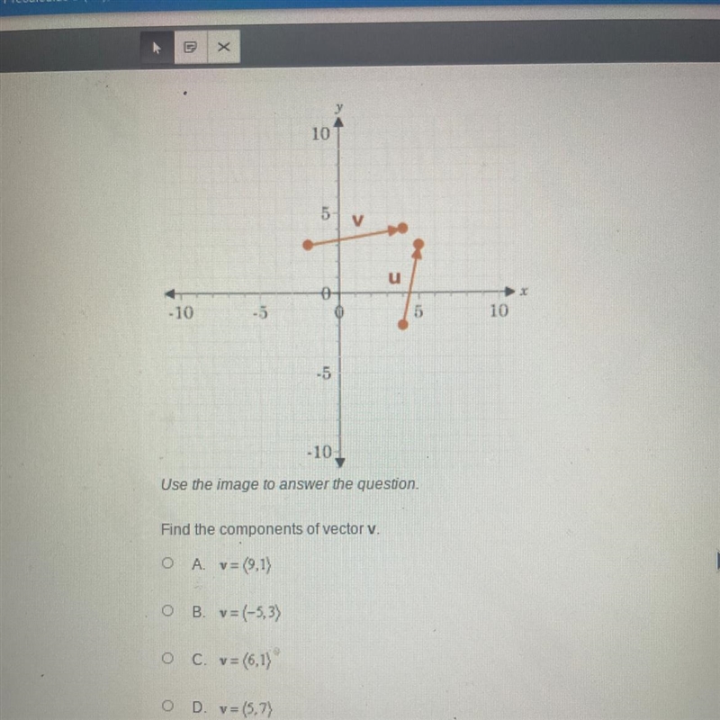 Use the image to answer the question.Find the components of vector v.-example-1