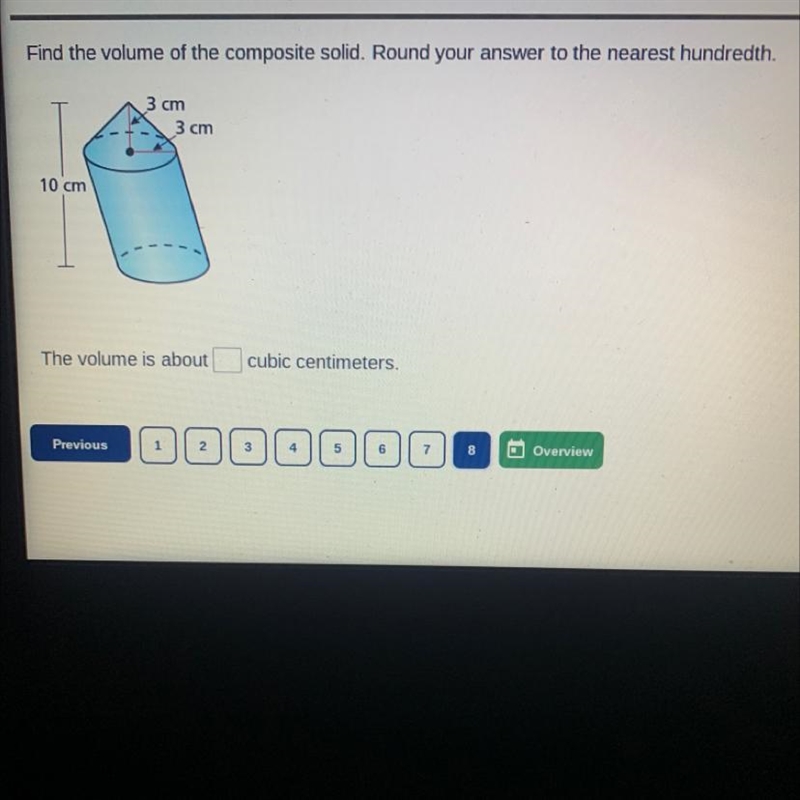 #8 iFind the volume of the composite solid. Round your answer to the nearest hundredth-example-1