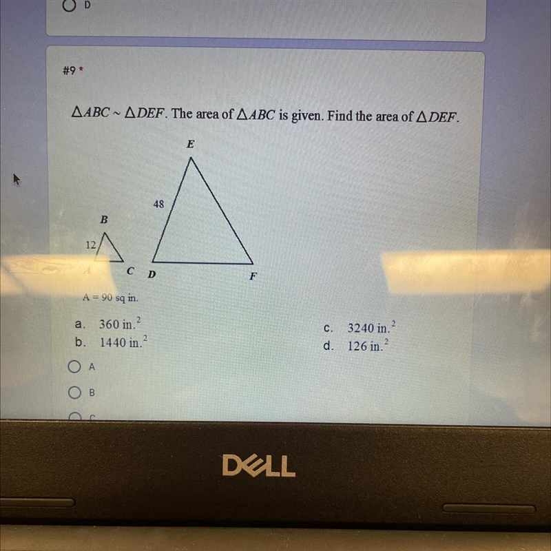 ABC DEF. The area of ABC is given. Find the area of DEF-example-1