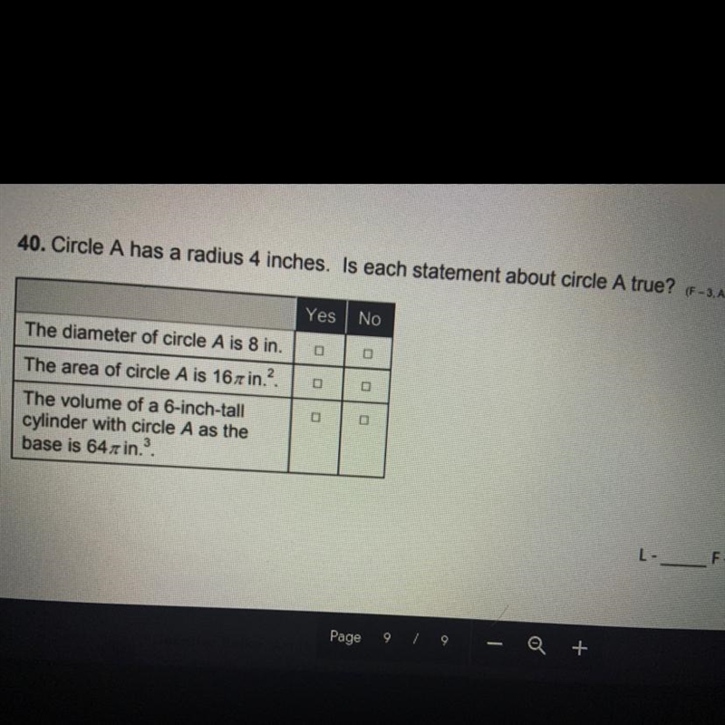 40. Circle A has a radius 4 inches. Is each statement about circle A true?-example-1