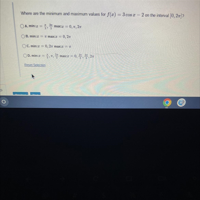 Where are the minimum and maximum values for f(x)A. min: x =2¹ 2Reset Selectionmax-example-1