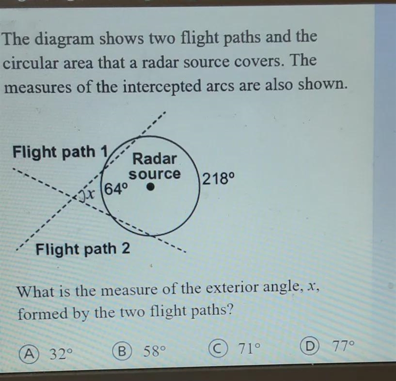 Flight path 1 Radar source 218° dr (640 Flight path 2 What is the measure of the exterior-example-1