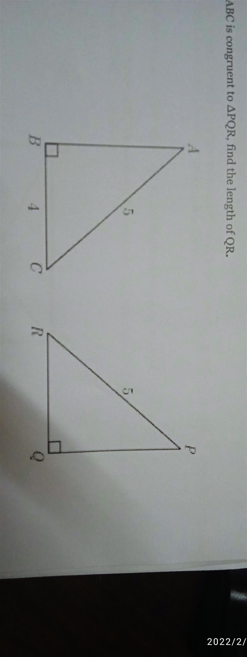 If ∆ABC is congruent to ∆PQR, find the length of QR.-example-1