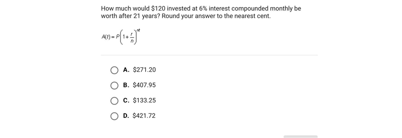 How much would $120 invested at 6% interest compounded monthly be worth after 21 years-example-1