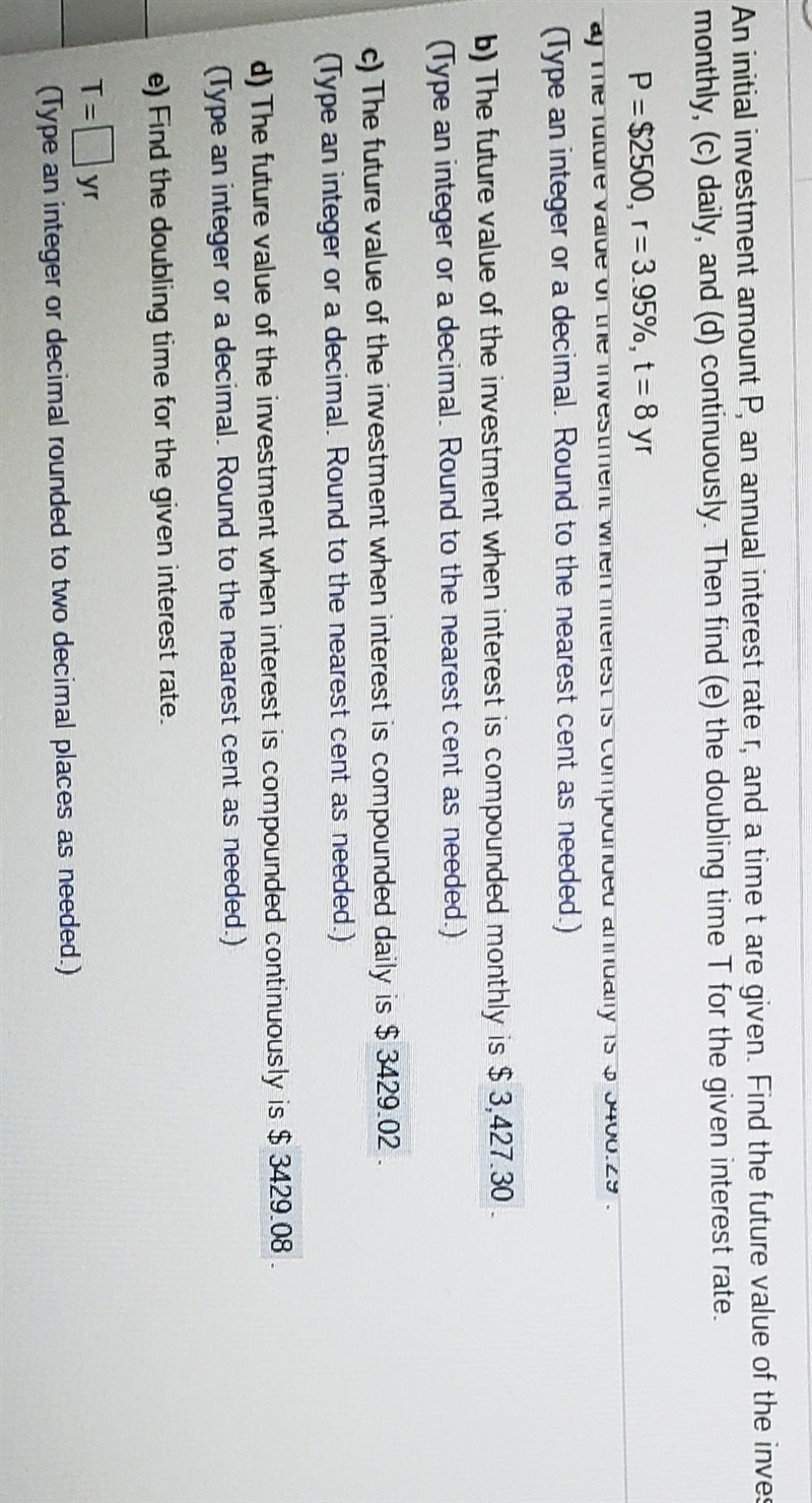 QL An initial investment amount P, an annual interest rate r, and a time t are given-example-1