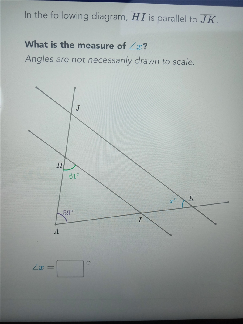 In the following diagram, HI is parallel to JK. What is the measure of Zx? Angles-example-1