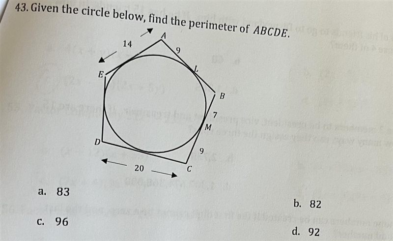 43. Given the circle below, find the perimeter of ABCDE.-example-1