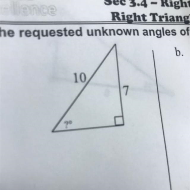 Find the requested unknown angle of the following triangles using a calculator-example-1