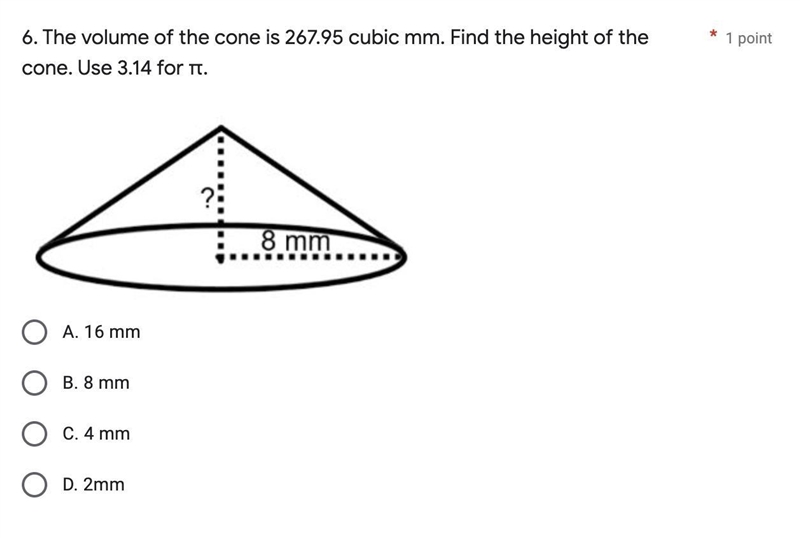 The volume of the cone is 267.95 cubic mm. Find the height of the cone. Use 3.14 for-example-1