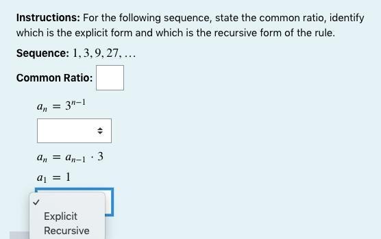 Instructions: For the following sequence, state the common ratio, identify which is-example-2