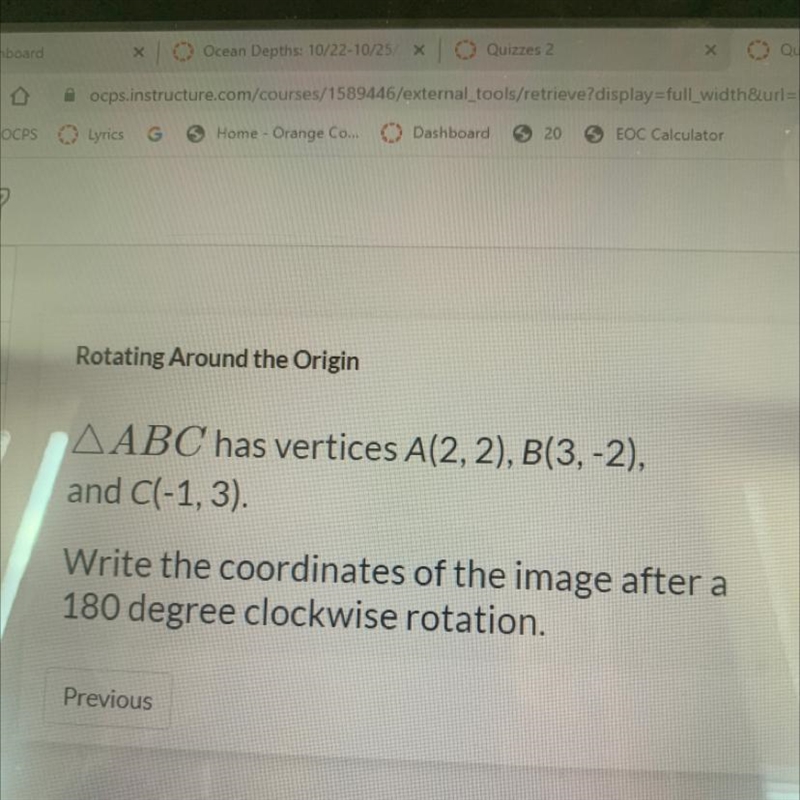 Coordinates of the image after a 180 degree clockwise rotation for A B C-example-1