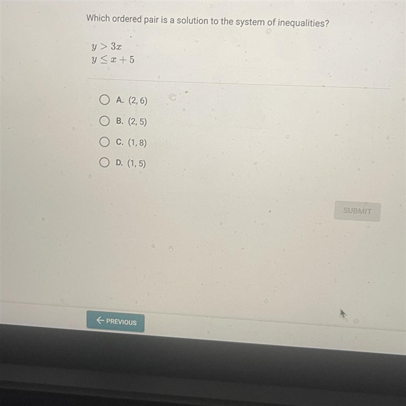 Which ordered pair is a solution to the system of inequalities?y > 3xy≤ x + 5O-example-1