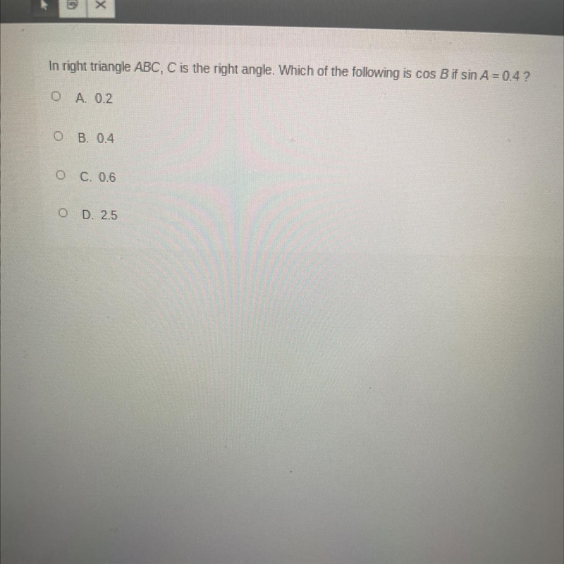 In right triangle ABC, C is the right angle. Which of the following is cos B if sin-example-1