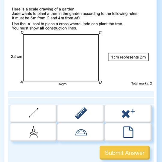 Here is a scale drawing of a garden. Jade wants to plant a tree in the garden according-example-1