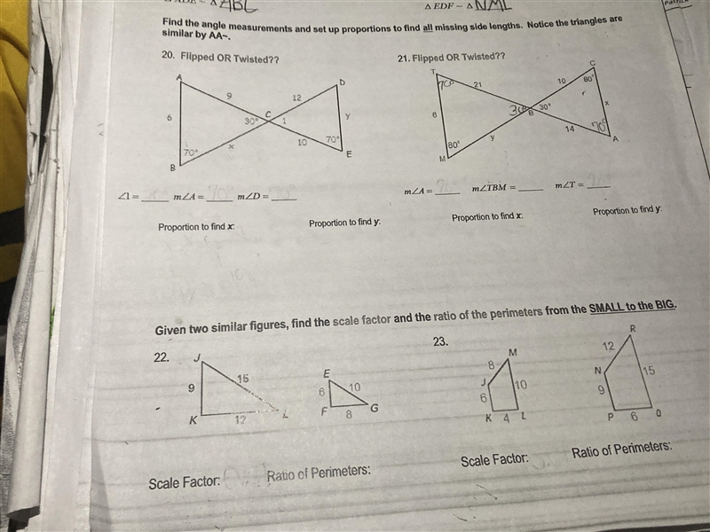 Given two similar figures, find the scale factor and the ratio of the perimeters from-example-1