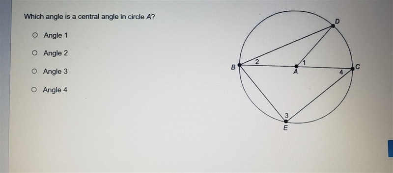 Which angle is a central angle in circle A? A) Angle 1, B) Angle 2, C) Angle 3, D-example-1