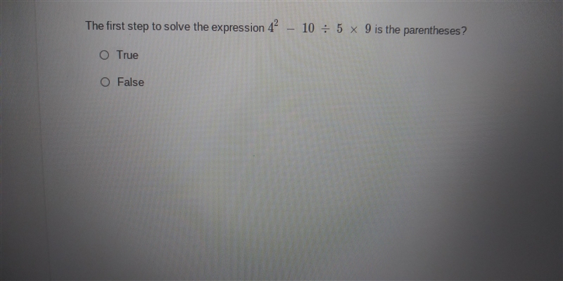 The first step to solve the expression 4 - 10 = 5 x 9 is the parentheses?-example-1