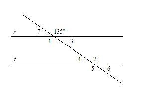 Line R is parallel to line T. Find m angle 5. The diagram is not to scale. A) 45 B-example-1