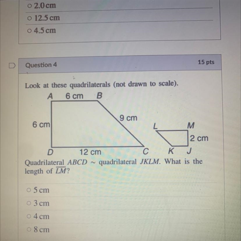 Quadrilateral ABCD ~ quadrilateral JKLM. What is the length of LM?-example-1