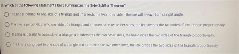 Which of the following statements best summarizes the Side-Splitter Theorem?-example-1