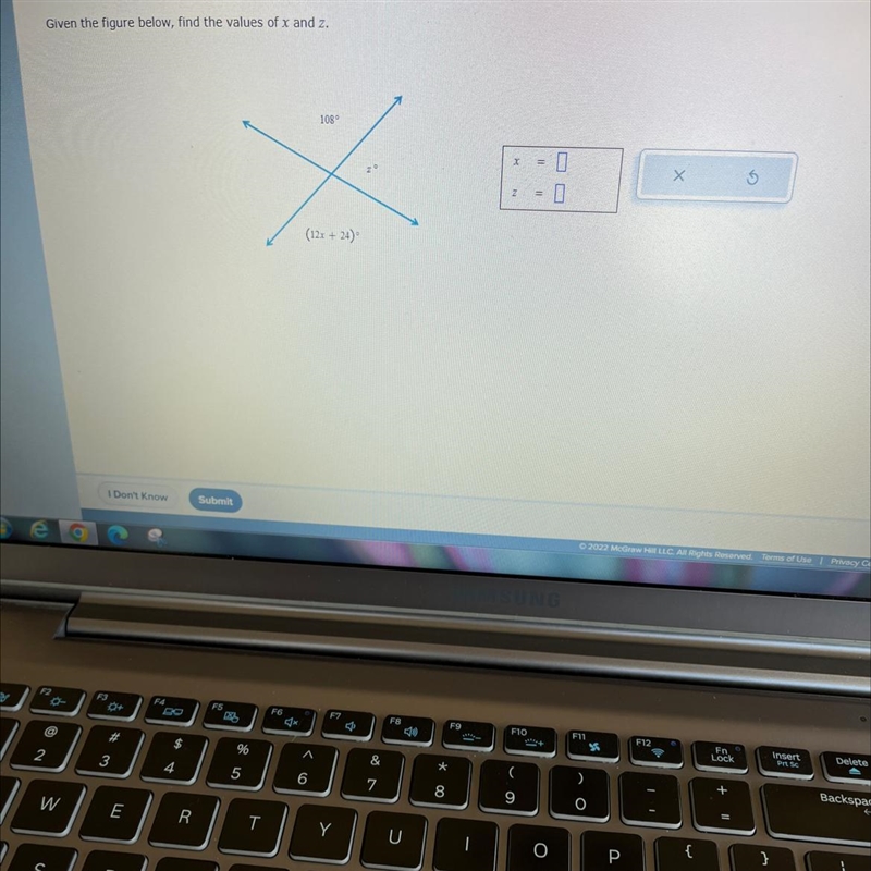 11 tored ement Assessment Given the figure below, find the values of x and z. 108⁰ X-example-1