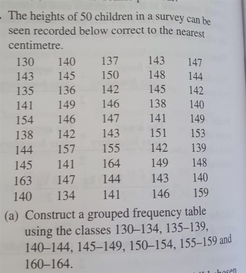 construct a grouped frequency table using the classes: 130-134, 135-139, 140-144, 145-149, 150-154, 155-159 and-example-1