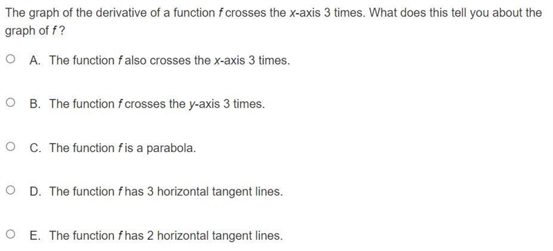 The graph of the derivative of a function f crosses the x-axis 3 times. What does-example-1