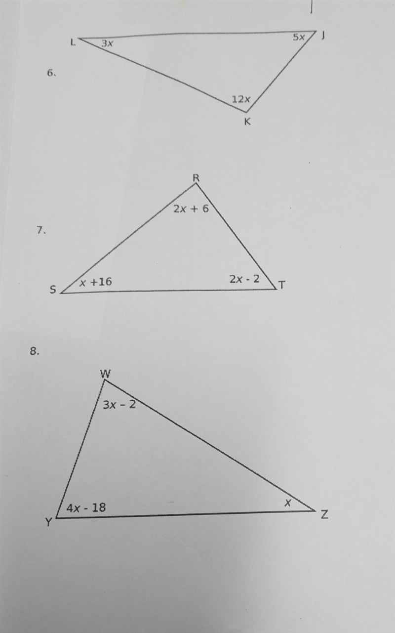 Find the x vaule then the vaule to determine each angle measure of the triangles below-example-1