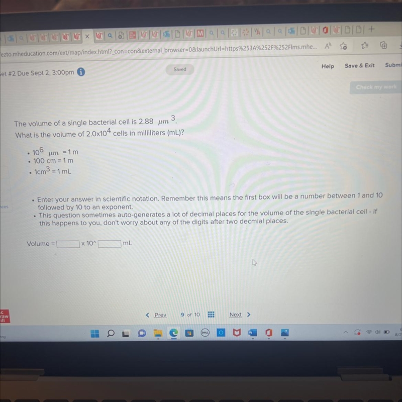 The volume of a single bacterial cell is 2.88 μm 3.What is the volume of 2.0x104 cells-example-1