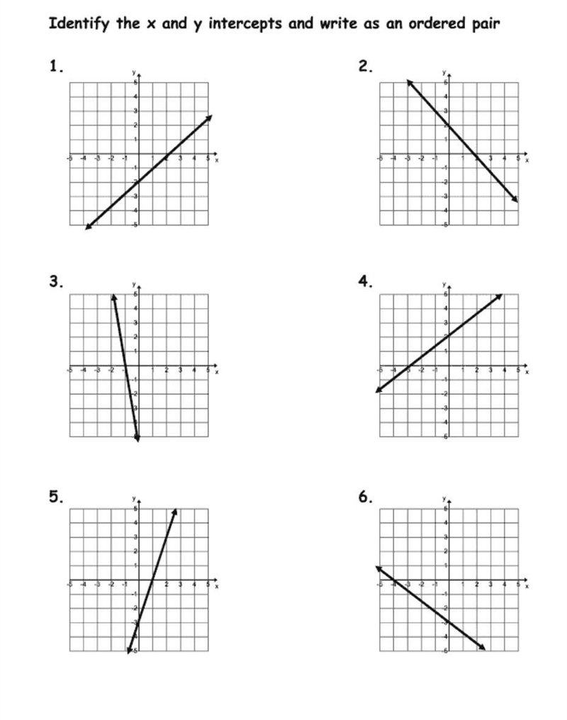 Identify the x and y intercepts and write as an ordered pair 1. 3. 5. 2. 6.​-example-1