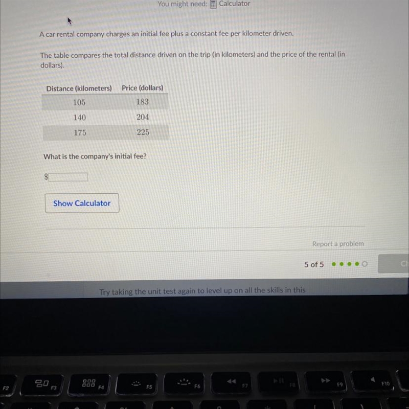 A car rental company charges an initial fee plus a constant fee per kilometer driven-example-1