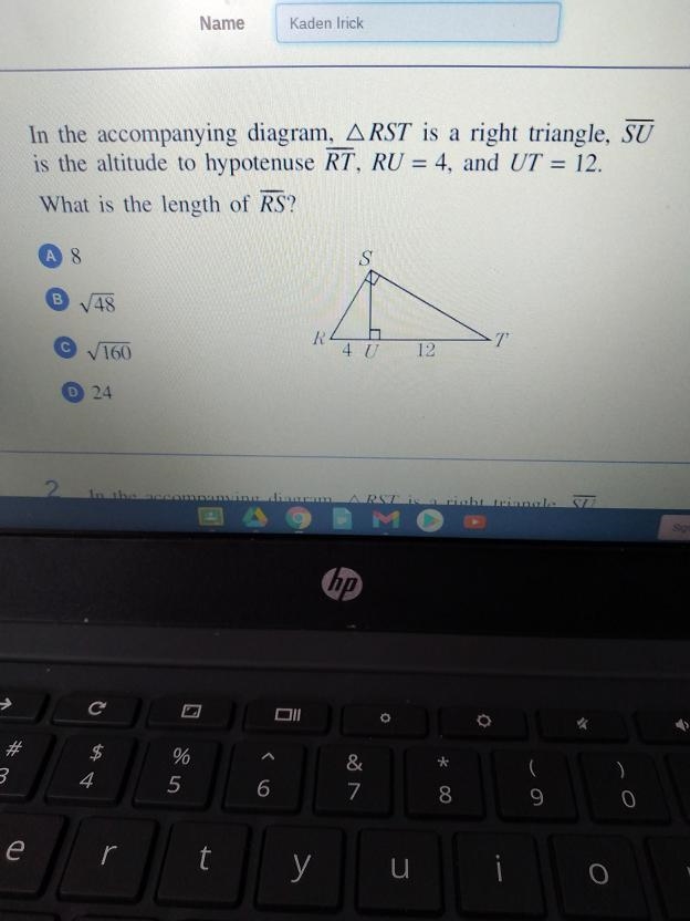 In the accompanying diagram, ARST is a right triangle, SU is the altitude to hypotenuse-example-1