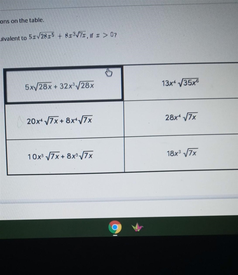 Which expressions are equivalent to 5x√28x^5+ 8x^3√7x, if I > 0? 13x^4√35x^65x-example-1