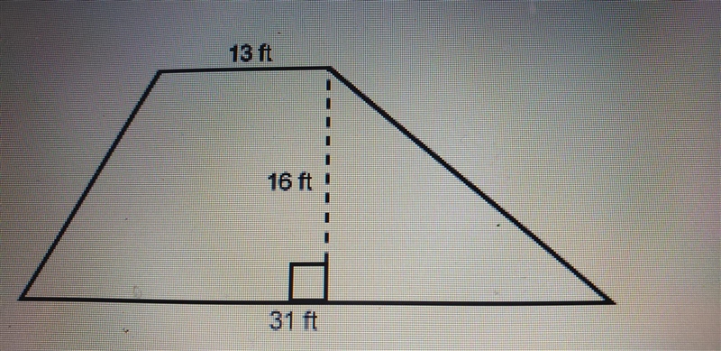 What is the area of this trapezoid? 13 ft Enter your answer in the box. 16 ft ft2 31 ft-example-1