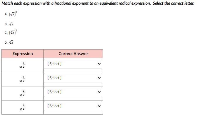 Match each expression with a fractional exponent to an equivalent radical expression-example-1