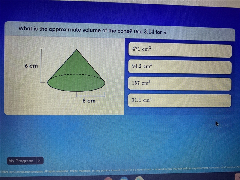 What is the approximate volume of the cone? Use 3.14 forπ-example-1