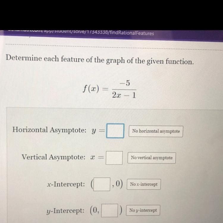 Determine each feature of the graph of the given function f(x)= -5/2x-1 horizontal-example-1