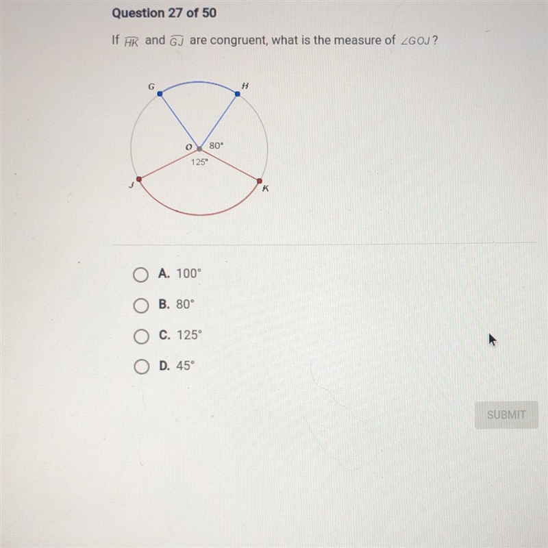 If HK and GJ are congruent, what is the measure of GOJ? 125 ° 80°-example-1