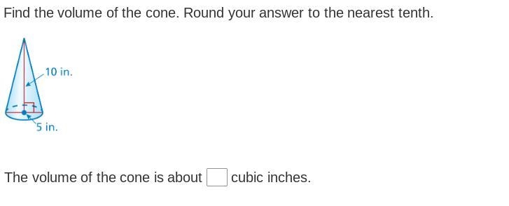 Find the volume of the cone. Round your answer to the nearest tenth.-example-1